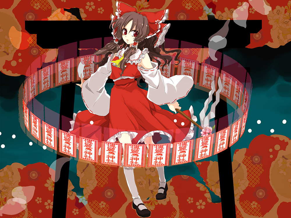 popoin, hakurei reimu, touhou, 1girl, bow, brown hair, detached sleeves, female focus, full body, japanese clothes, miko, red eyes, skirt, solo, torii