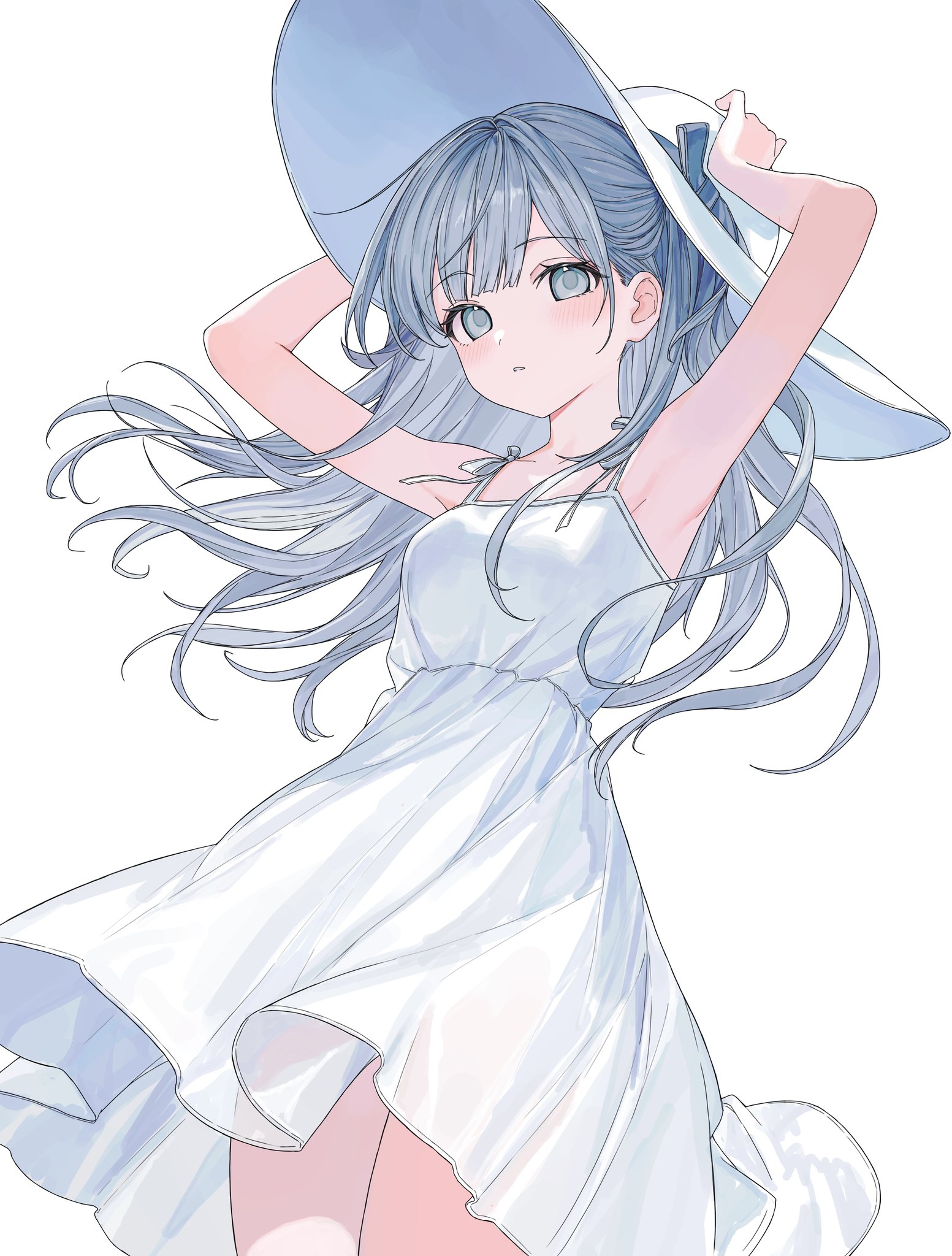 karyln, original, commentary, highres, symbol-only commentary, 1girl, arms up, bare arms, blush, breasts, cowboy shot, dress, grey eyes, grey hair, hat, long hair, looking at viewer, medium breasts, off-shoulder dress, off shoulder, parted lips, short dress, simple background, solo, sun hat, white background, white dress, white hat