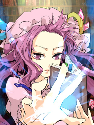 popoin, patchouli knowledge, touhou, lowres, 1girl, book, female focus, foreshortening, purple eyes, purple hair, solo
