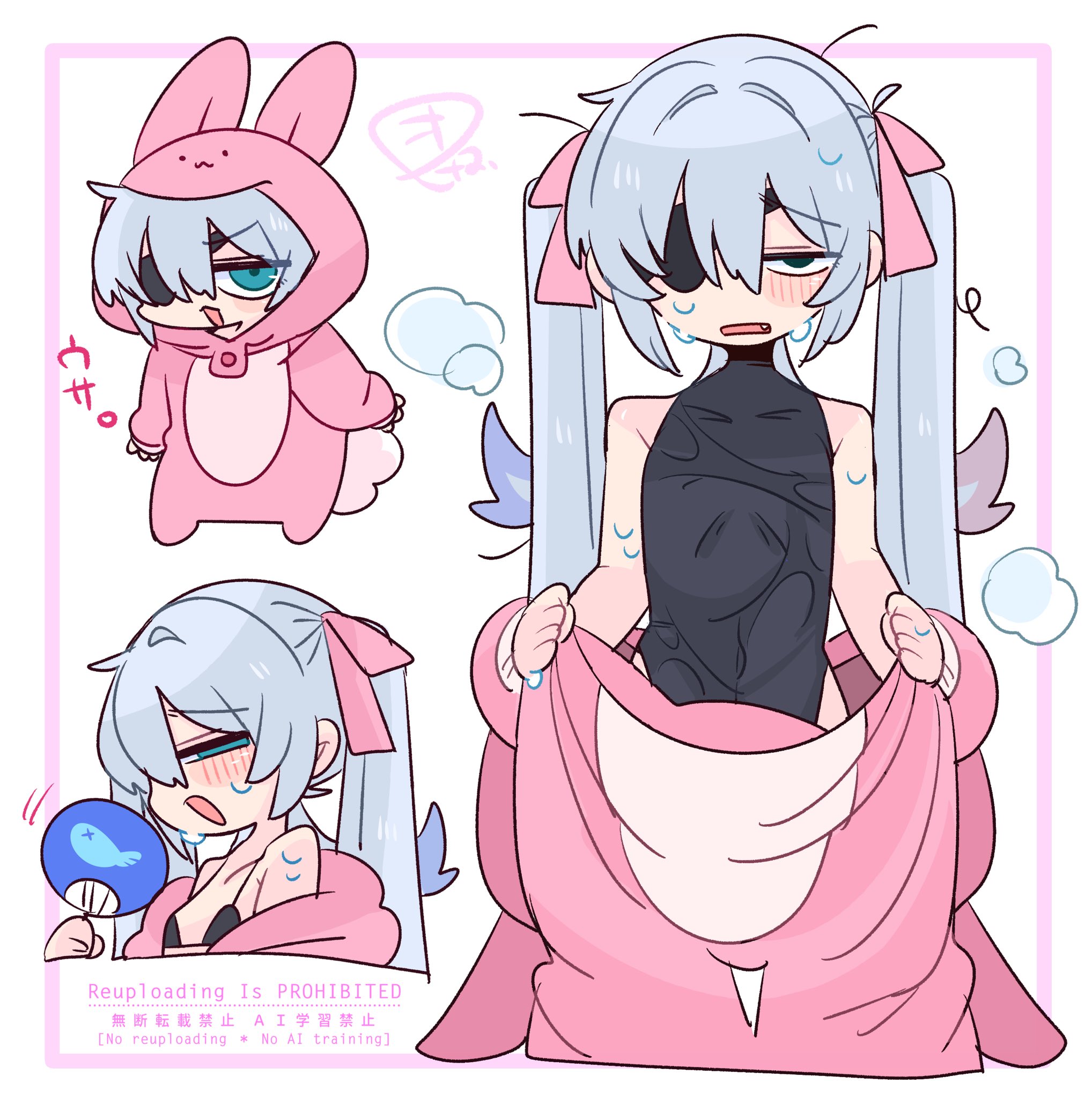 op na yarou, original, commentary, highres, translated, 1boy, animal costume, animal hood, bare shoulders, black bra, black leotard, blue eyes, blue hair, blush, bow, bra, chibi, clothes grab, colored tips, cosplay, costume, covered navel, cowboy shot, crossdressing, crossdressing (mtf), double-parted bangs, exhausted, eyepatch, fang, fanning self, flipped hair, from side, full body, hair between eyes, hair bow, hair intakes, hand fan, hand up, highleg, highleg leotard, holding, holding fan, hood, hood up, jitome, kigurumi, leotard, long hair, loose hair strand, male focus, mascot costume, multicolored hair, multiple views, narrowed eyes, no nose, one eye covered, open mouth, partially undressed, pink bow, portrait, quad tails, rabbit costume, raised inner eyebrows, red hair, rigel (op na yarou), sidelocks, simple background, sleeveless, steaming body, straight hair, sweat, trap, underwear, v-shaped eyebrows, very long hair, very sweaty, watermark, wet, wet clothes, white background, white hair