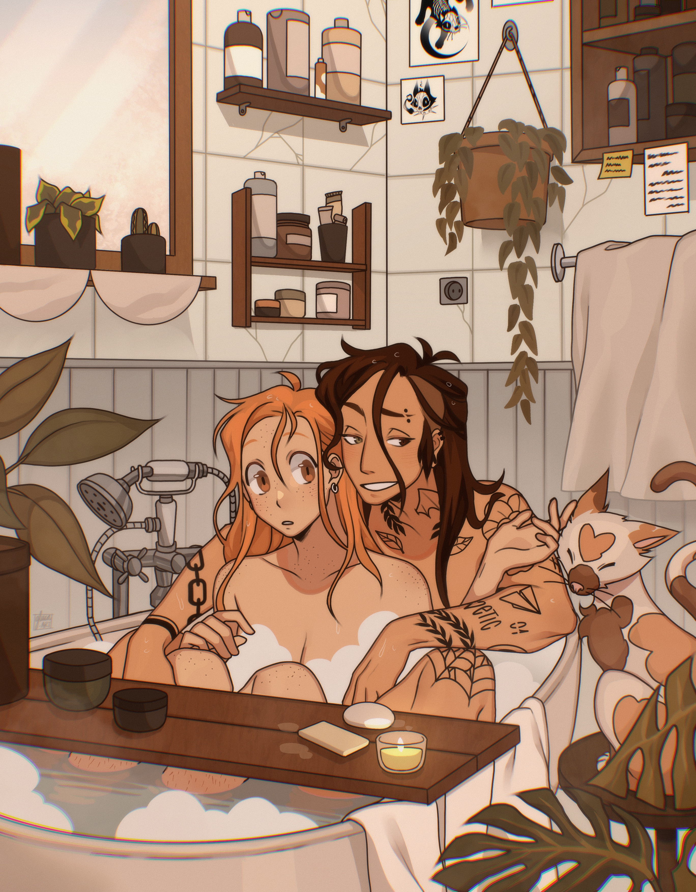 original, absurdres, highres, 2girls, arm tattoo, bathing, bathroom, bathtub, brown hair, cactus, calico (pattern), calico cat, candle, chest tattoo, convenient censoring, earrings, eyebrow cut, eyebrow piercing, face piercing, freckles, gluca, in bathtub, jewelry, leg tattoo, long hair, mirror, multiple girls, nude, orange hair, piercing, plant, potted plant, smile, spider web tattoo, tattoo, tile wall, tiles, towel, towel rack, undercut, wide-eyed, yuri