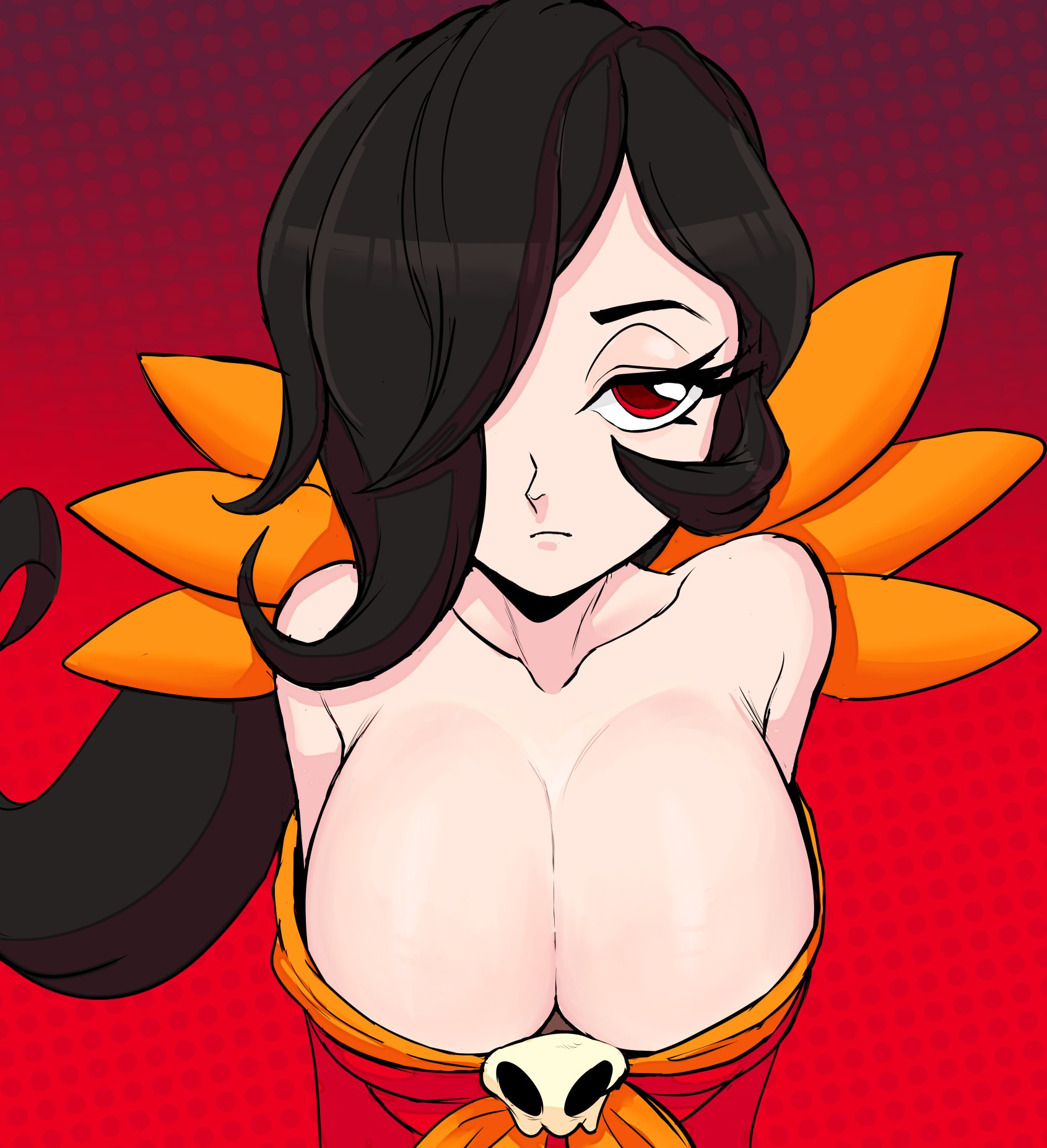 teevo, ashley (warioware), nintendo, warioware, aged up, black hair, breasts, cleavage, hair over one eye, large breasts, one eye covered, red eyes, skull ornament