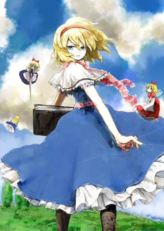 poncho (poncho), alice margatroid, touhou, 1girl, blonde hair, blue eyes, book, cloud, day, doll, female focus, hairband, looking back, pantyhose, ribbon, short hair, sky, solo, wind