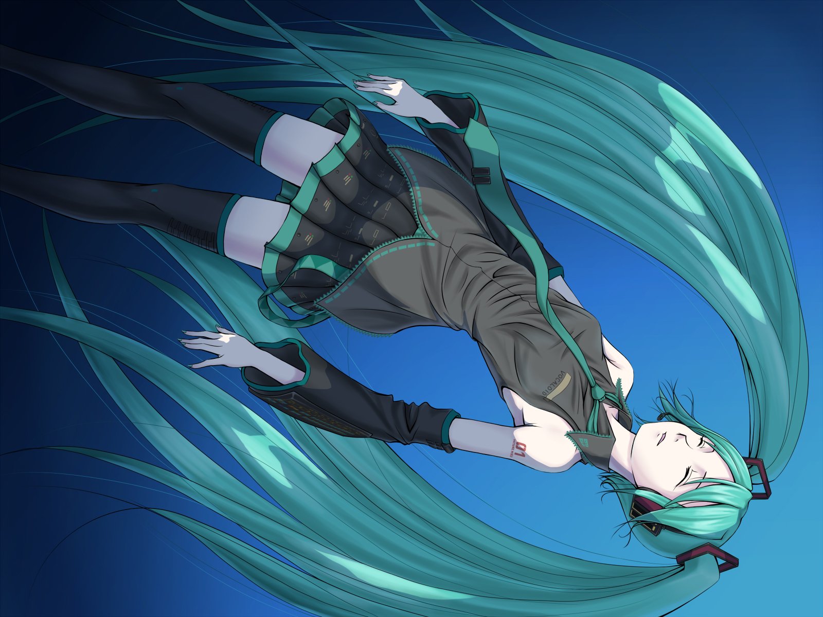 sukua, tk28, hatsune miku, vocaloid, highres, 1girl, aqua hair, closed eyes, detached sleeves, female focus, headset, long hair, necktie, skirt, solo, thighhighs, twintails, very long hair, zettai ryouiki