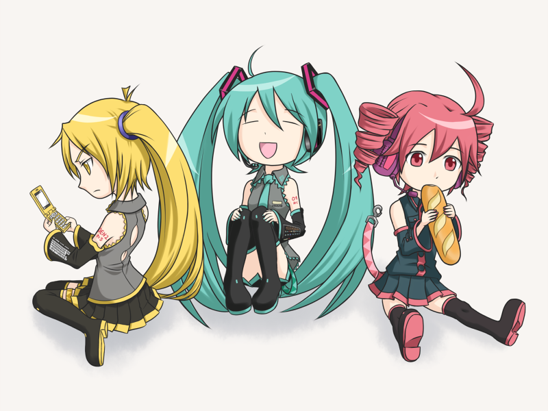 sukua, tk28, akita neru, hatsune miku, kasane teto, kasane teto (utau), triple baka (vocaloid), utau, vocaloid, 3girls, :d, ahoge, aqua hair, baguette, bread, cellphone, chibi, closed eyes, crossover, detached sleeves, drill hair, eating, food, headset, hugging own legs, long hair, multiple girls, necktie, open mouth, phone, side ponytail, sitting, skirt, smile, thighhighs, twin drills, twintails, very long hair