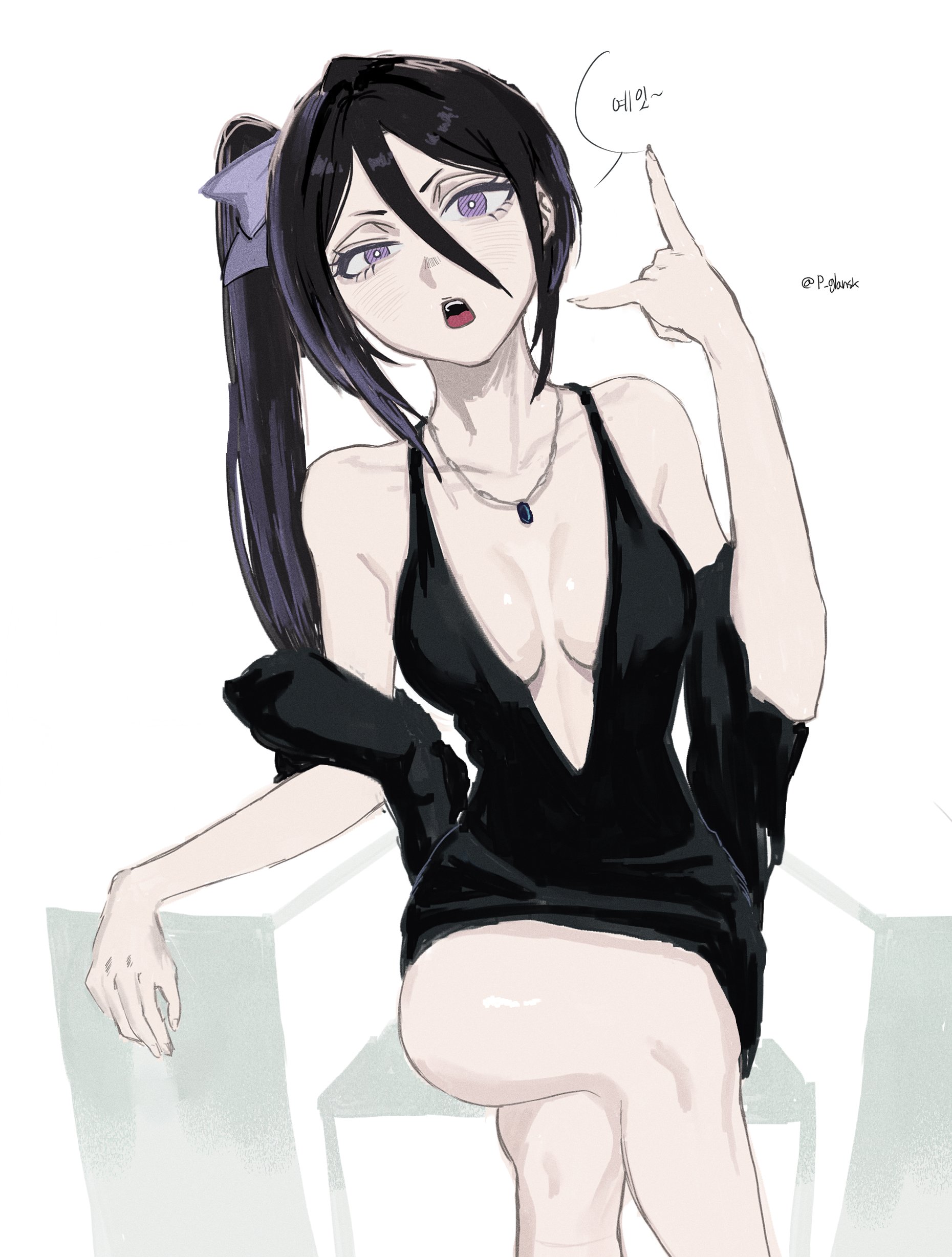 p glansk, kuchiki rukia, bleach, bleach: epilogue, translation request, 1girl, artist name, bare shoulders, black dress, black hair, breasts, chair, collarbone, crossed legs, dress, female focus, jewelry, korean text, long hair, looking at viewer, necklace, open mouth, side ponytail, simple background, sitting, small breasts, speech bubble, white background