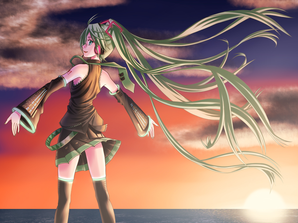 sukua, tk28, hatsune miku, vocaloid, 1girl, cloud, detached sleeves, female focus, green eyes, green hair, headset, long hair, looking back, matching hair/eyes, skirt, sky, solo, sun, sunset, thighhighs, twintails, very long hair, water