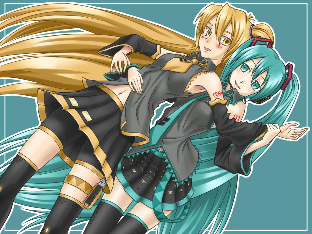 sukua, tk28, akita neru, hatsune miku, vocaloid, 2girls, aqua eyes, aqua hair, aqua nails, blonde hair, blush, detached sleeves, headset, long hair, multiple girls, nail polish, navel, necktie, side ponytail, skirt, thighhighs, twintails, very long hair, yellow eyes, yellow nails