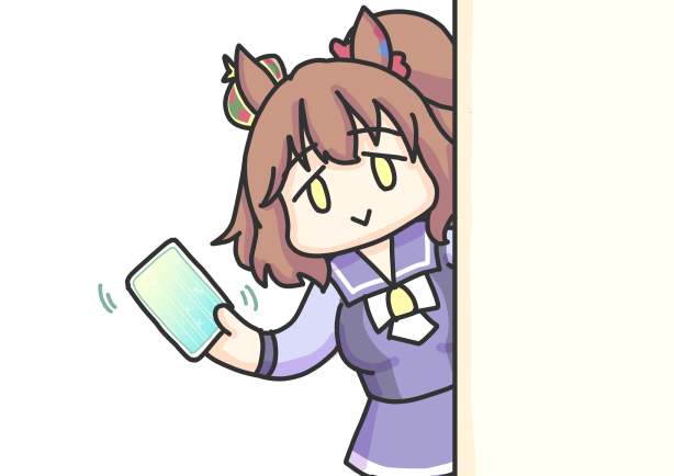 inuken (nicoseiga917125), aston machan (umamusume), umamusume, commentary request, 1girl, :>, animal ears, breasts, brown hair, card, closed mouth, crown, green eyes, hair between eyes, hair ornament, holding, horse ears, looking at viewer, medium breasts, peeking out, school uniform, simple background, solo, tracen school uniform, waving, white background