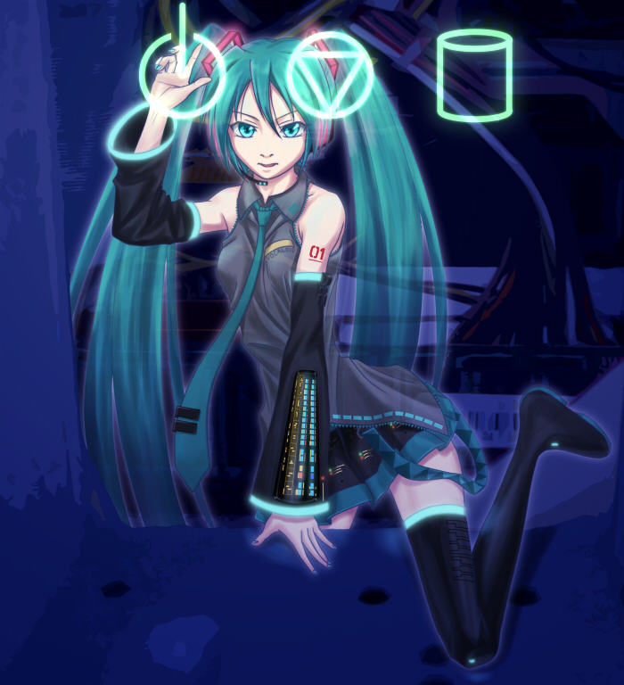 sukua, tk28, hatsune miku, vocaloid, 1girl, aqua eyes, aqua hair, detached sleeves, female focus, headset, long hair, necktie, skirt, solo, thighhighs, twintails, very long hair