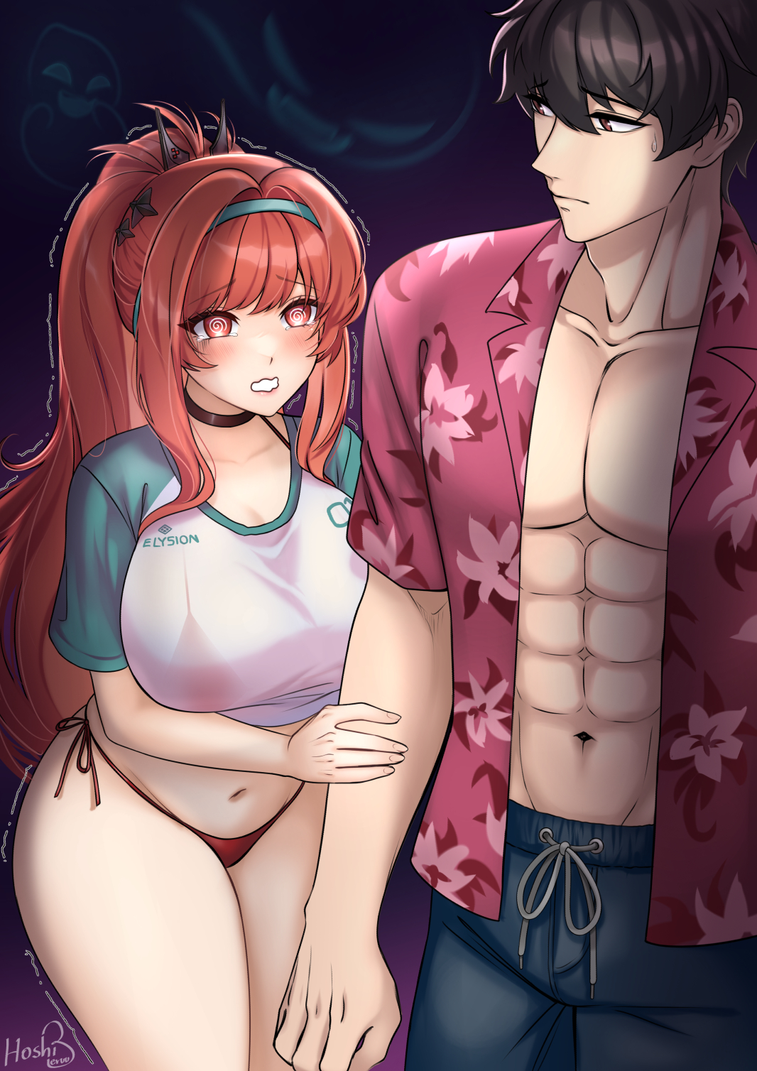 hoshiberuu, commander (nikke), rapi (nikke), rapi (red hood) (nikke), rapi (red hood) (red flavor) (nikke), goddess of victory: nikke, 1boy, 1girl, @ @, alternate costume, bikini, bikini under clothes, black hair, breasts, brown eyes, hair ornament, hairband, hawaiian shirt, large breasts, long hair, ponytail, red eyes, red hair, scared, shirt, short hair, shorts, swimsuit, tears, thong, trembling, very long hair, wavy mouth