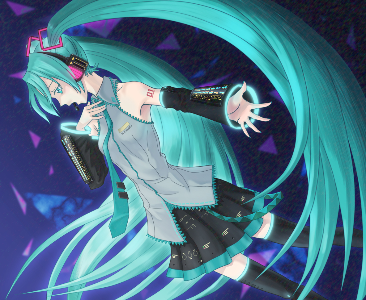 sukua, tk28, hatsune miku, vocaloid, 1girl, aqua eyes, aqua hair, detached sleeves, female focus, headset, long hair, necktie, skirt, solo, thighhighs, twintails, very long hair, zettai ryouiki
