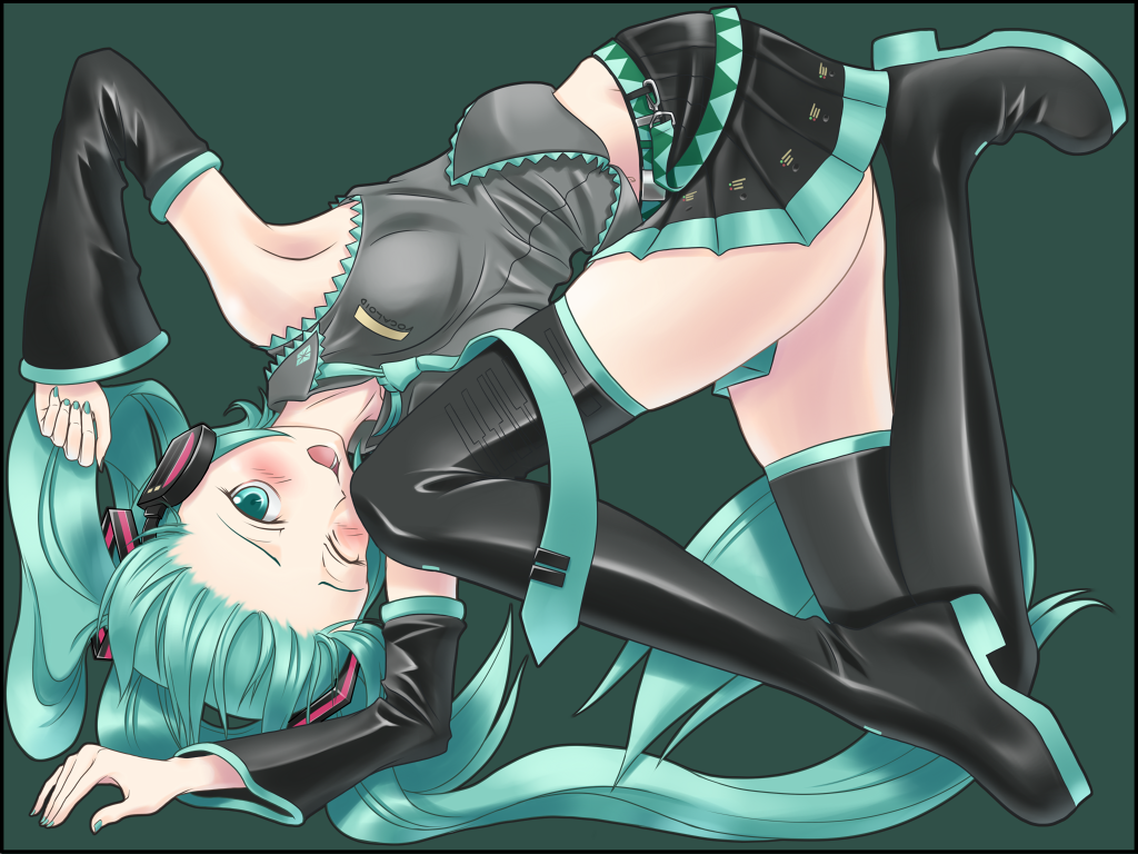 sukua, tk28, hatsune miku, vocaloid, 1girl, aqua eyes, aqua hair, aqua nails, armpits, blush, detached sleeves, female focus, long hair, nail polish, necktie, one eye closed, skirt, solo, thighhighs, twintails, wink