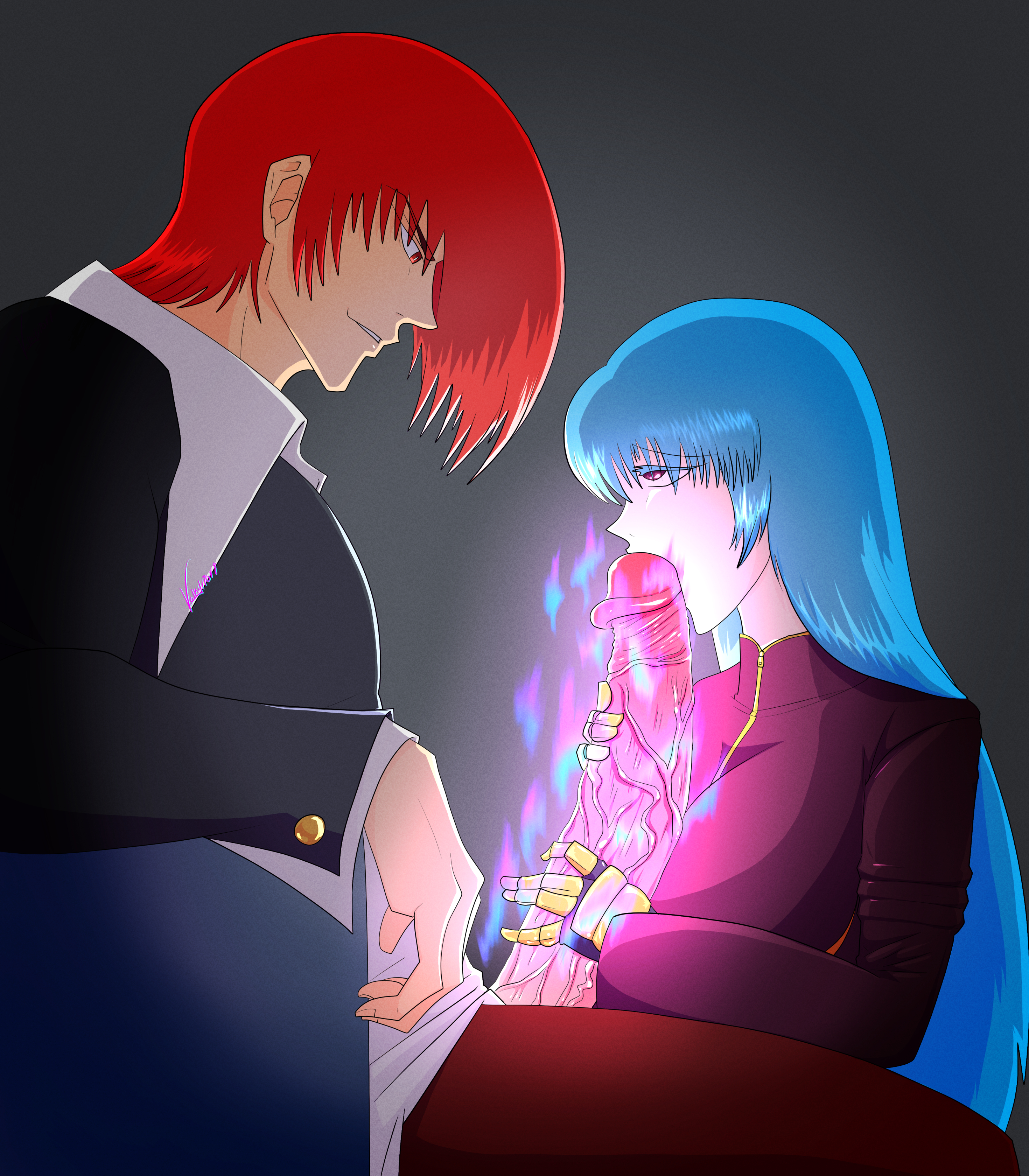 valkyriori, kula diamond, yagami iori, the king of fighters, blue hair, fellatio, fire, gloves, huge penis, jumpsuit, oral, penis, purple eyes, red eyes, red hair, sitting, veins, veiny penis