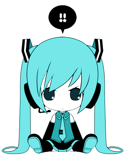 chitose kiiro, hatsune miku, vocaloid, bad id, bad pixiv id, aqua theme, blue hair, blue theme, chibi, detached sleeves, headset, long hair, monochrome, necktie, sitting, skirt, solo, thighhighs, twintails, very long hair
