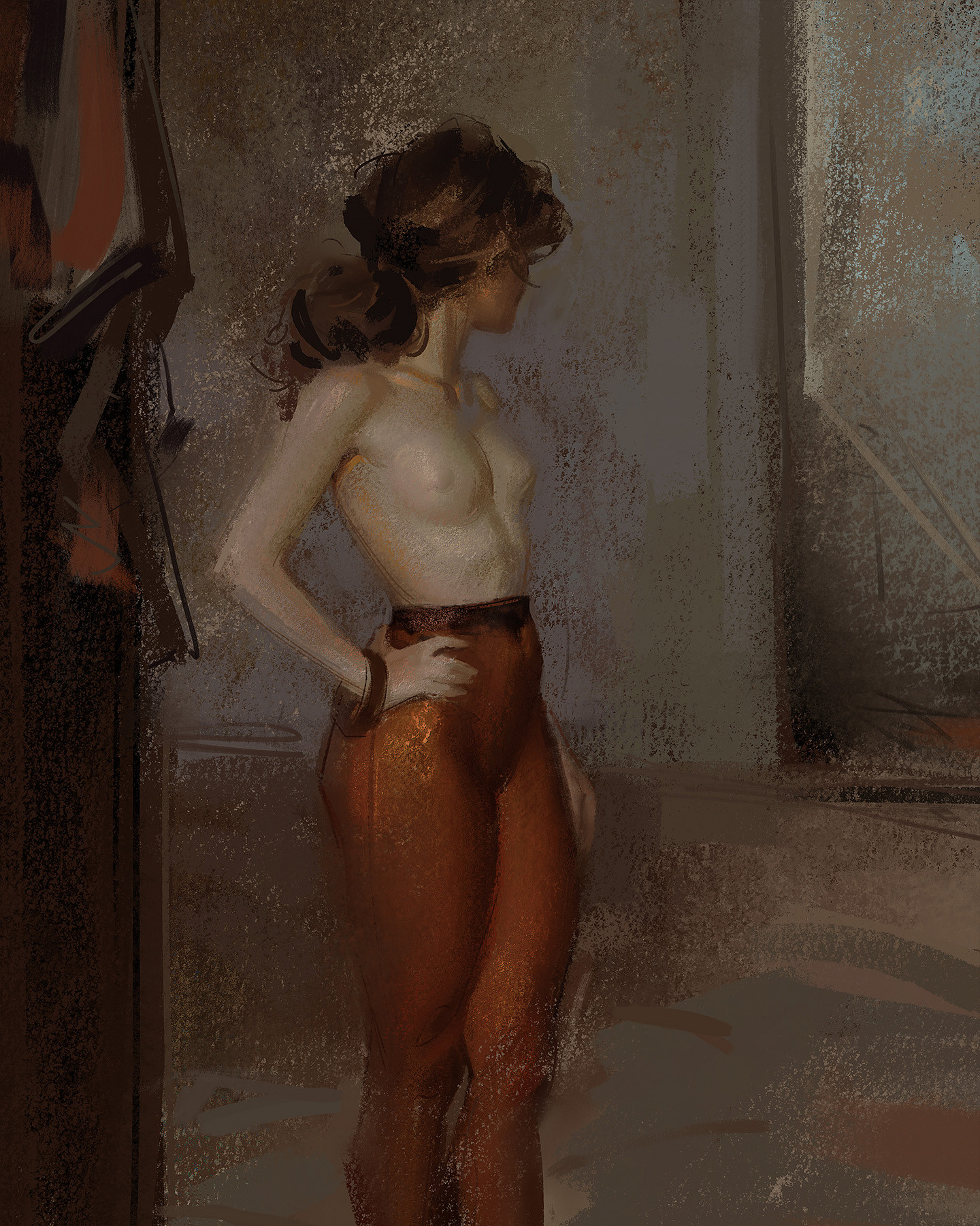 original, commentary, english commentary, highres, photoshop (medium), 1girl, bracelet, breasts, brown hair, covered navel, facing away, feet out of frame, from side, hand on own hip, jewelry, lane brown, nipples, orange pantyhose, pantyhose, ponytail, solo, standing, topless female, underwear, underwear only