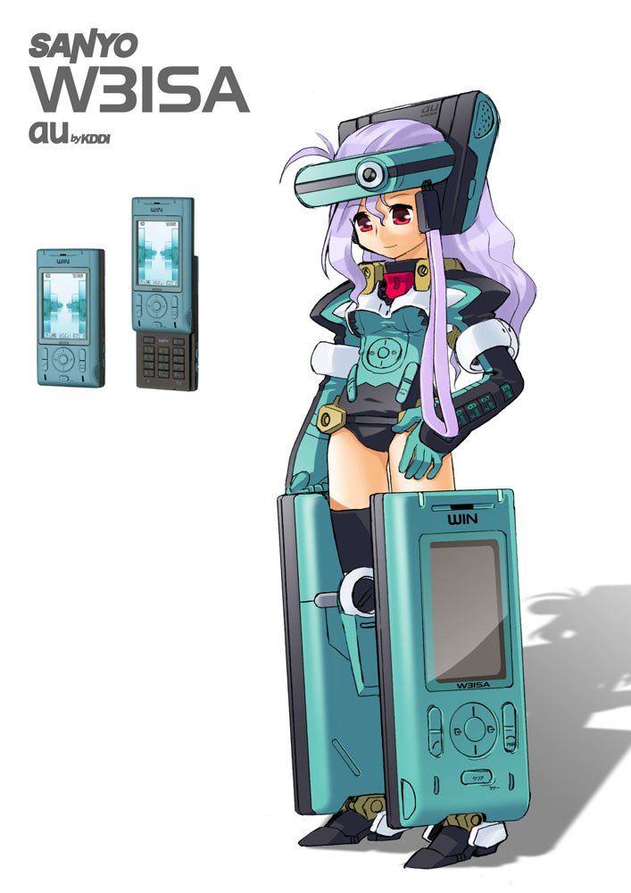 katahira masashi, cellphone, full body, long hair, mecha musume, phone, product girl, purple hair, red eyes, smile, solo, standing