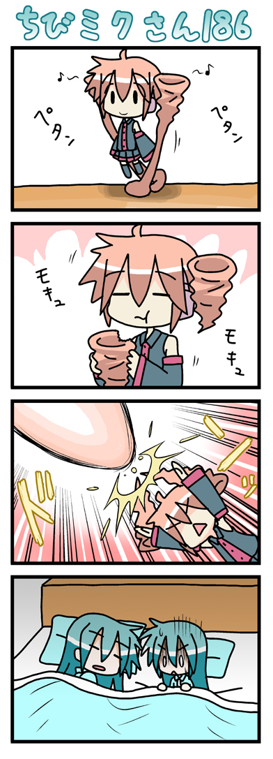 minami (colorful palette), chibi miku, hatsune miku, kasane teto, kasane teto (utau), utau, vocaloid, beam, long image, tall image, 0 0, 2girls, 4koma, :<, :t, = =, chibi, comic, crossover, dreaming, drill hair, eating, multiple girls, prehensile hair, silent comic, sleeping, sweat, triangle mouth, twin drills, twintails