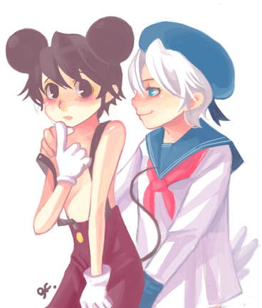 bf. (sogogiching), donald duck, mickey mouse, disney, mickey mouse & friends, archived source, commentary request, korean commentary, lowres, 2boys, animal ears, artist name, bare arms, bare shoulders, black eyes, black hair, black ribbon, black suspenders, blue eyes, blue hat, blue sailor collar, blush, buttons, collared shirt, cowboy shot, donald duck sailor hat, duck boy, duck tail, gloves, gold buttons, hair between eyes, hair ears, hand on another's shoulder, hat, humanization, impasto, long sleeves, looking at another, male focus, mickey mouse ears, mouse boy, mouse ears, multiple boys, neckerchief, no lineart, open mouth, pants, pork pie sailor hat, profile, red neckerchief, red pants, ribbon, sailor collar, sailor shirt, shirt, short hair, signature, sleeve cuffs, smile, suspenders, topless male, white gloves, white hair, white shirt, white sleeves, white tail, yaoi