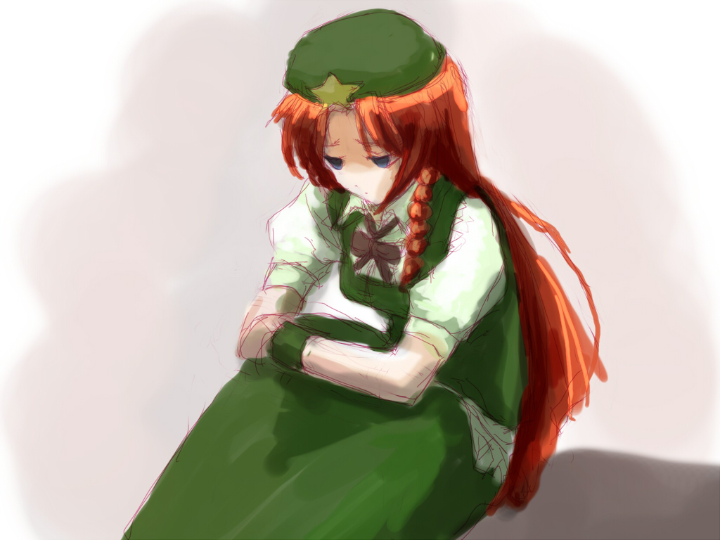 kuronuko neero, hong meiling, embodiment of scarlet devil, touhou, bad id, bad pixiv id, 1girl, blue eyes, female focus, gradient background, hat, oekaki, red hair, skirt, solo, white background