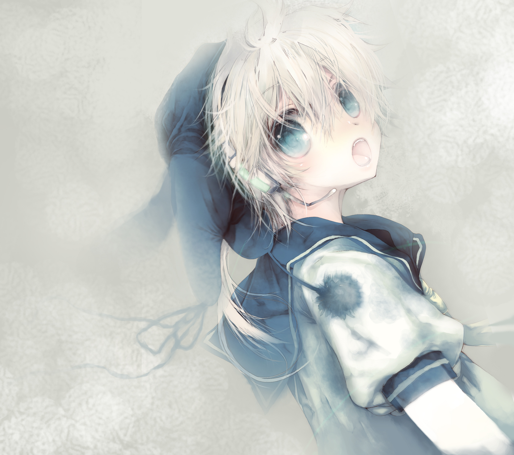 ooki bonta, kagamine len, vocaloid, highres, 1boy, blue eyes, hat, headset, male focus, school uniform, solo, white hair