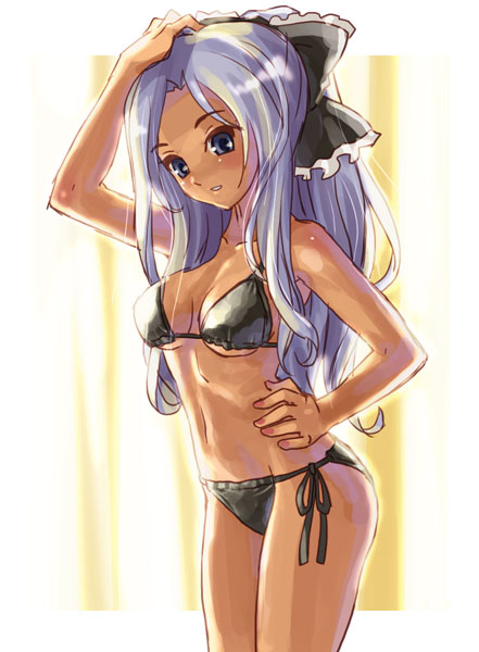 katahira masashi, original, silver hair, 1girl, bikini, breasts, cowboy shot, dark-skinned female, dark skin, female focus, long hair, medium breasts, side-tie bikini bottom, solo, string bikini, swimsuit, underboob