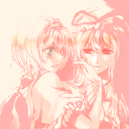 irua, alice margatroid, yakumo yukari, touhou, lowres, 2girls, aqua eyes, blush, female focus, holding another's wrist, multiple girls, yuri
