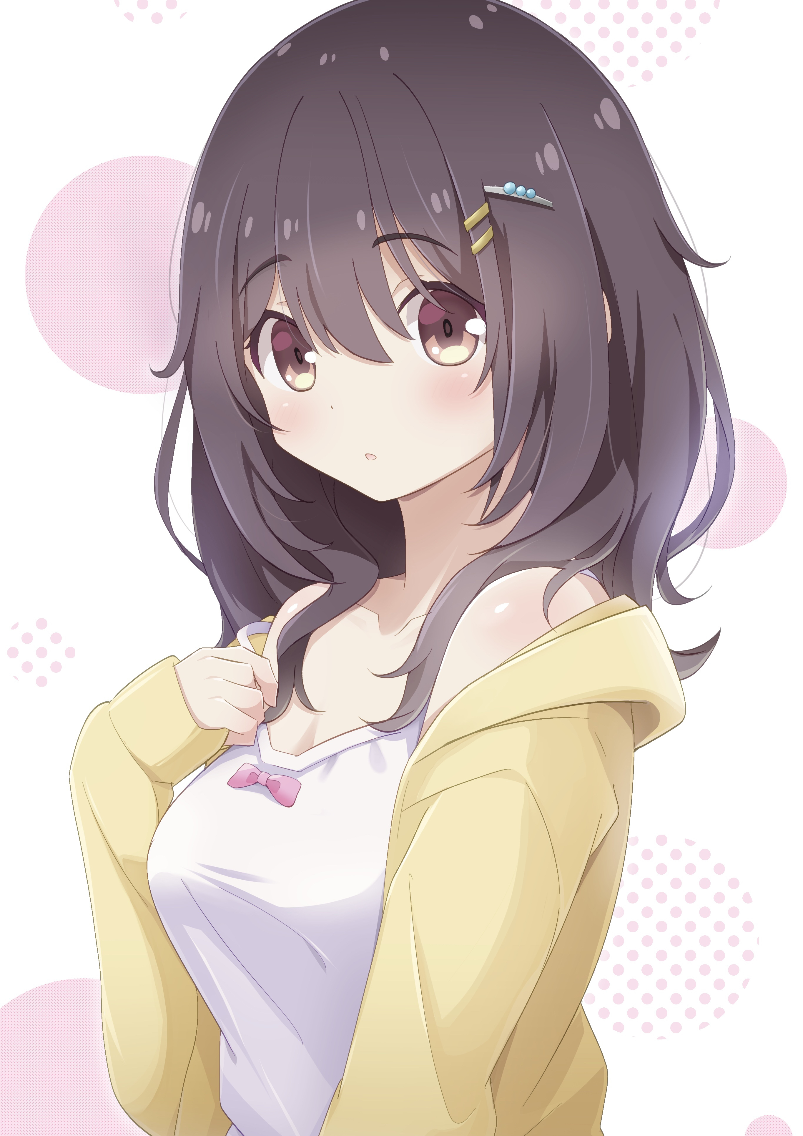 komeko416, kawai mako, hibi wa sugiredo meshi umashi, absurdres, highres, 1girl, black hair, bow, bow camisole, breasts, brown eyes, camisole, hair ornament, jacket, looking at viewer, multiple hair clips, open clothes, open jacket, parted lips, pink bow, solo, white camisole, yellow jacket