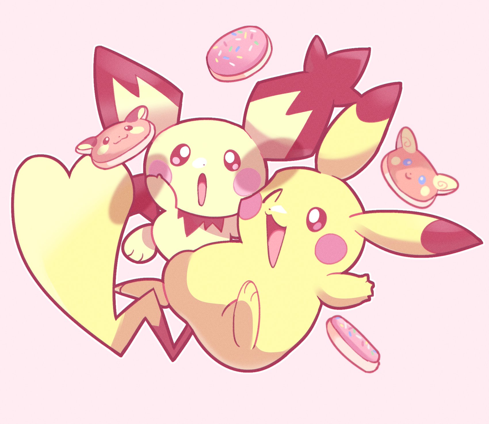 loveycloud, alolan raichu, pichu, pikachu, raichu, spiky-eared pichu, nintendo, pokemon, commentary, english commentary, highres, :d, ;d, alolan form, black eyes, brown eyes, cheek-to-cheek, cookie, creature as food, food, gen 1 pokemon, gen 2 pokemon, gen 7 pokemon, happy, heads together, no humans, one eye closed, open mouth, pink background, pokemon (creature), simple background, smile