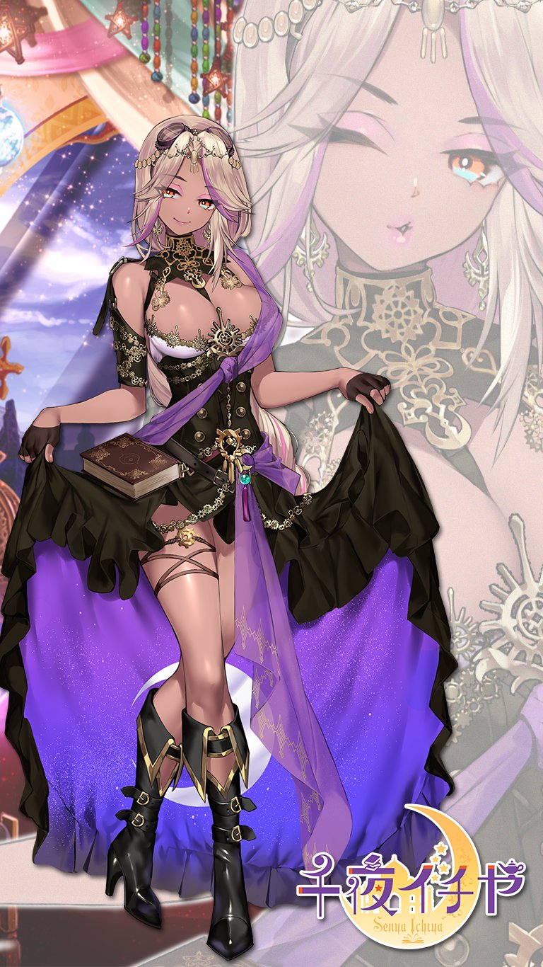 senya ichiya, indie virtual youtuber, artist request, highres, 1girl, belt buckle, black boots, black dress, book, boots, breasts, buckle, chain, cleavage, clothes lift, corset, curtsey, dark-skinned female, dark skin, dress, fingerless gloves, gloves, goggles, goggles on head, gold chain, high heel boots, high heels, jewelry, long hair, multicolored eyes, multicolored hair, one eye closed, purple hair, purple sash, sash, skirt, skirt lift, streaked hair, white hair
