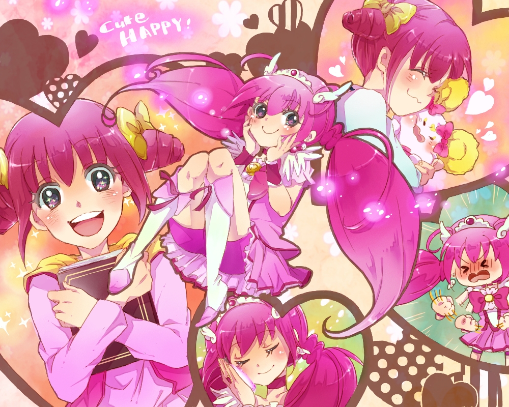 kuzumochi, candy (smile precure!), cure happy, hoshizora miyuki, precure, smile precure!, > <, 1girl, afterimage, applying makeup, book, boots, bow, character name, closed eyes, hair bow, hair ornament, hands on own cheeks, hands on own face, heart, holding, holding book, knee boots, long hair, magical girl, multiple views, open mouth, pink bow, pink eyes, pink hair, pink shirt, shirt, smile, tiara, twintails, yellow bow