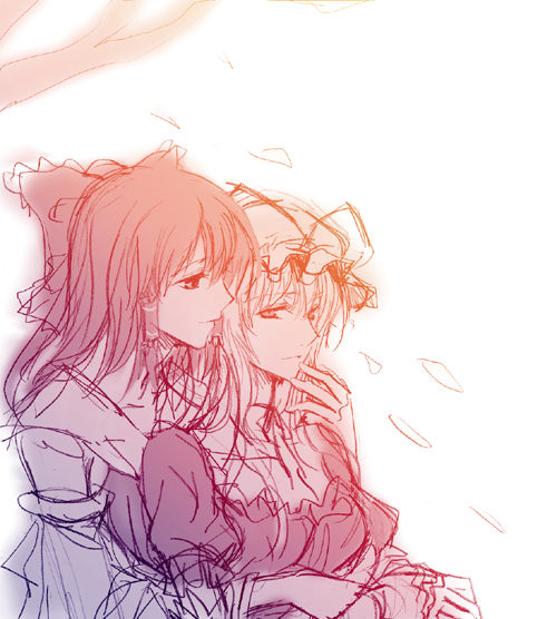 irua, hakurei reimu, yakumo yukari, touhou, 2girls, female focus, hand on another's chin, hat, mob cap, multiple girls, sketch, yuri