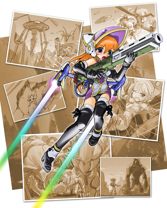 katahira masashi, pale wing, earth defense force, earth defense force 2, 1girl, battle, elbow gloves, footprints, gloves, gun, mecha, mecha musume, rifle, robot, size difference, thighhighs, ufo, weapon, wire