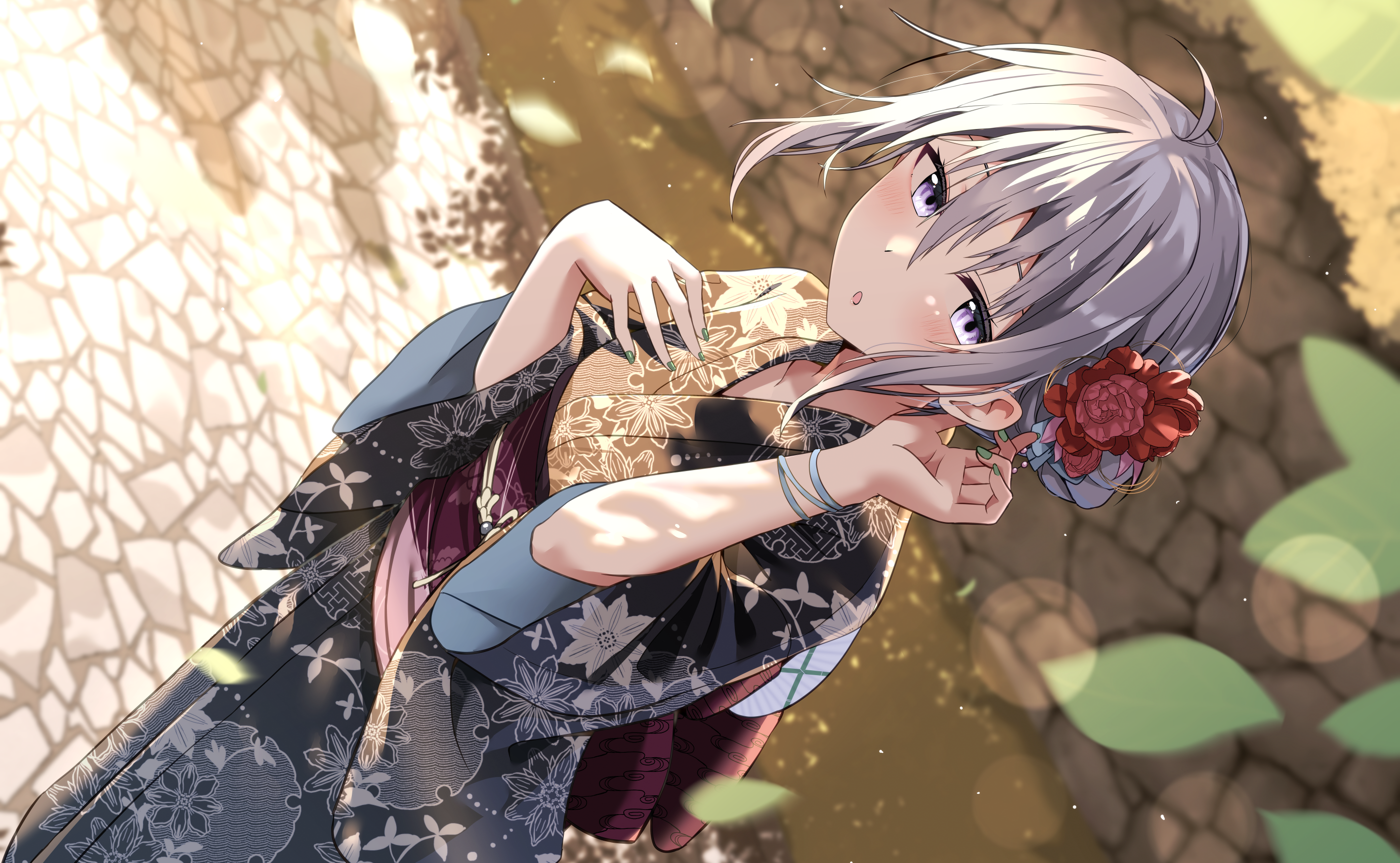 cac itinose, original, commentary request, highres, 1girl, black kimono, blurry, blurry background, day, depth of field, dutch angle, falling leaves, floral print, flower, green nails, grey hair, hair between eyes, hair bun, hair flower, hair ornament, hands up, japanese clothes, kimono, leaf, long sleeves, looking at viewer, nail polish, obi, outdoors, print kimono, purple eyes, red flower, sash, single side bun, solo, wide sleeves, yukata