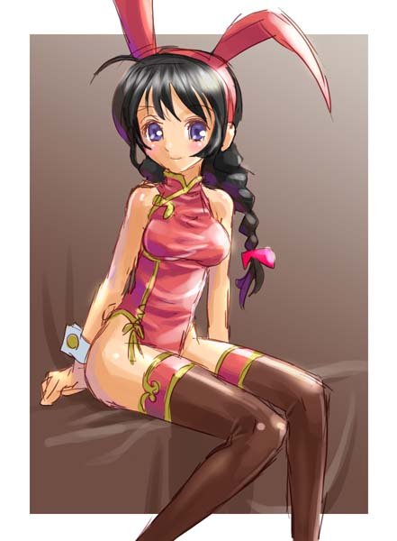 katahira masashi, animal ears, black hair, blush, braid, china dress, chinese clothes, dress, purple eyes, rabbit ears, sketch, smile, solo, thighhighs, twin braids