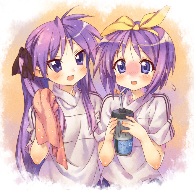 kink (tortoiseshell), hiiragi kagami, hiiragi tsukasa, lucky star, 00s, 2girls, blue eyes, bottle, hair ribbon, long hair, multiple girls, purple hair, ribbon, short hair, siblings, sisters, standing, towel, twins, twintails, upper body