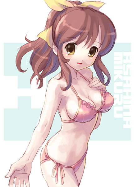 katahira masashi, asahina mikuru, suzumiya haruhi no yuuutsu, 00s, bikini, breasts, brown eyes, brown hair, cleavage, cowboy shot, halterneck, large breasts, pink bikini, ponytail, side-tie bikini bottom, solo, string bikini, swimsuit