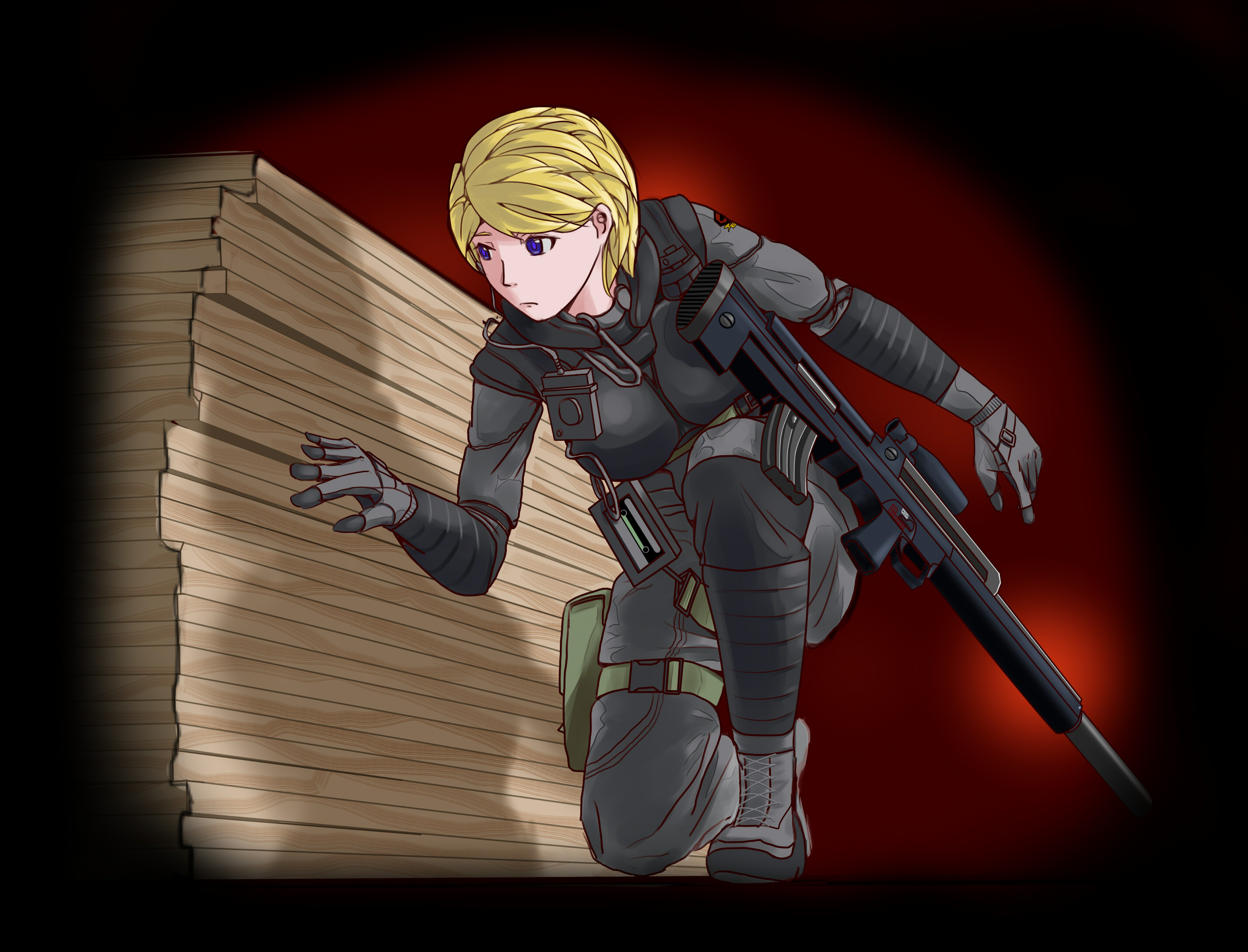 metal gear (series), metal gear solid v: the phantom pain, assault rifle, blonde hair, blue eyes, bodysuit, female focus, gun, rifle, short hair, sneaking suit, soldier, solo, weapon