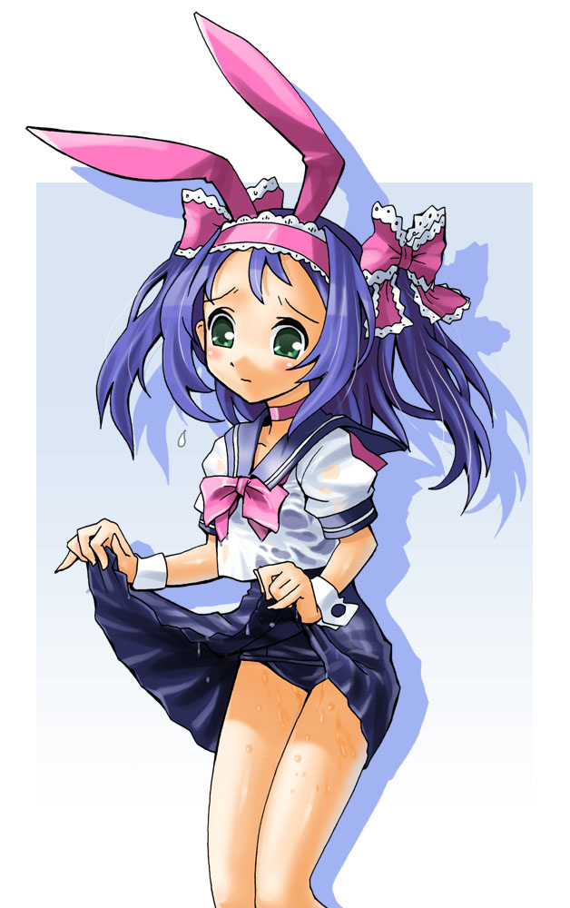 katahira masashi, animal ears, blue hair, blush, clothes lift, green eyes, long hair, old school swimsuit, one-piece swimsuit, playboy bunny swimsuit, rabbit ears, school swimsuit, school uniform, skirt, skirt lift, swimsuit, swimsuit under clothes, wet, wet clothes, wrist cuffs