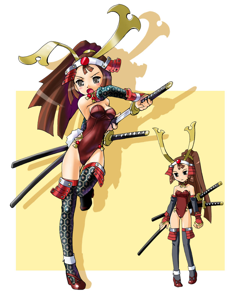 katahira masashi, original, print legwear, armor, border, brown eyes, brown hair, elbow gloves, gloves, helmet, katana, long hair, patterned legwear, playboy bunny, ponytail, rabbit tail, samurai, sheath, sheathed, simple background, sword, tail, thighhighs, unmoving pattern, unsheathing, weapon, yellow background