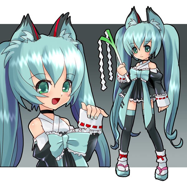 katahira masashi, hatsune miku, vocaloid, animal ears, blue hair, detached sleeves, gohei, green eyes, japanese clothes, long hair, miko, smile, spring onion, tabi, thighhighs, twintails