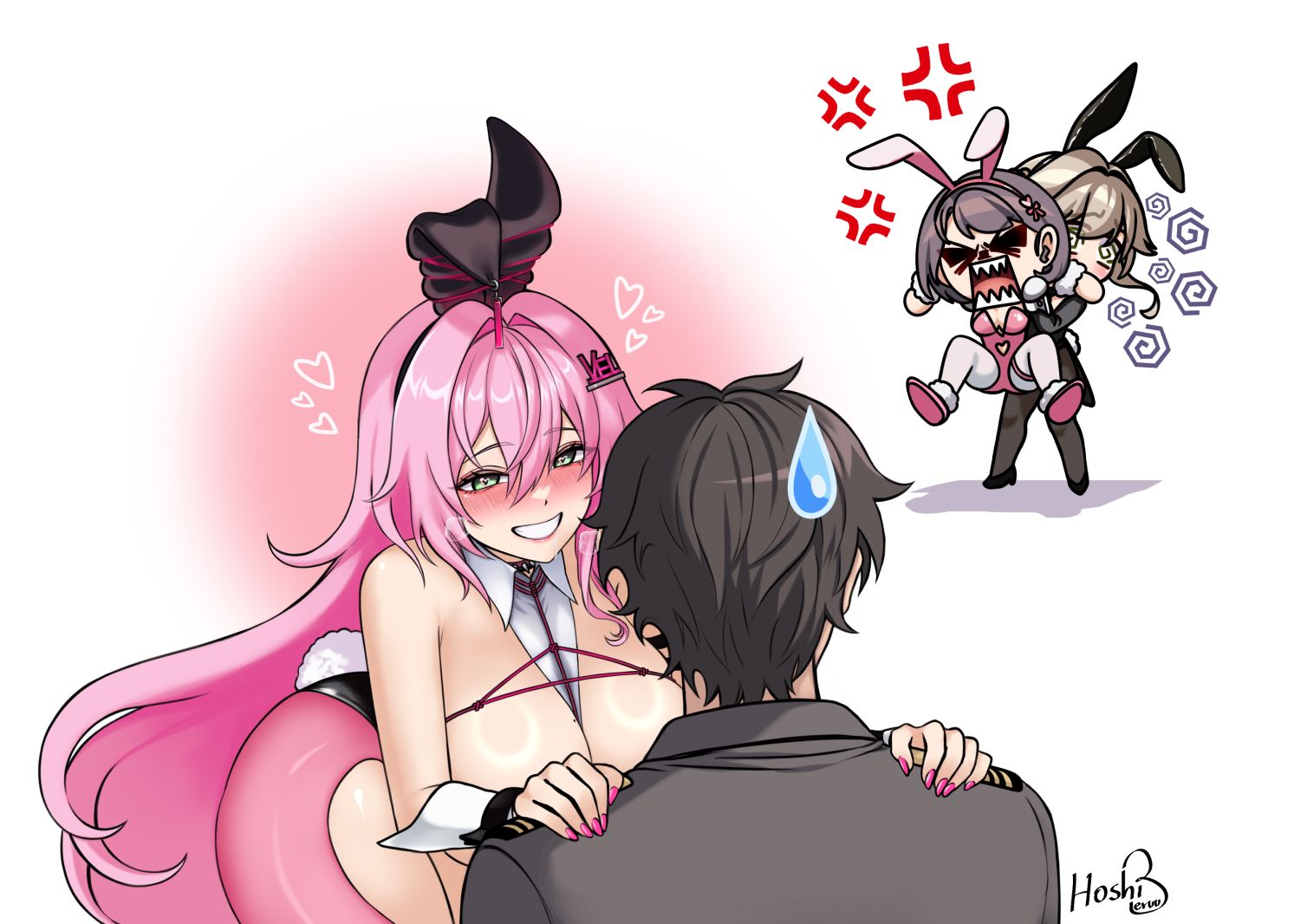 hoshiberuu, ade (agent bunny) (nikke), ade (nikke), commander (nikke), milk (blooming bunny) (nikke), milk (nikke), velvet (nikke), goddess of victory: nikke, 1boy, 3girls, anger vein, angry, bare shoulders, black hair, blonde hair, breasts, cleavage, embarrassed, from behind, green eyes, grin, holding back, large breasts, leaning, leaning forward, leotard, long hair, military uniform, multiple girls, naughty face, open mouth, pantyhose, pink hair, playboy bunny, rabbit ears, rabbit tail, sharp teeth, short hair, short hair with long locks, smile, sweatdrop, tail, teeth, very long hair