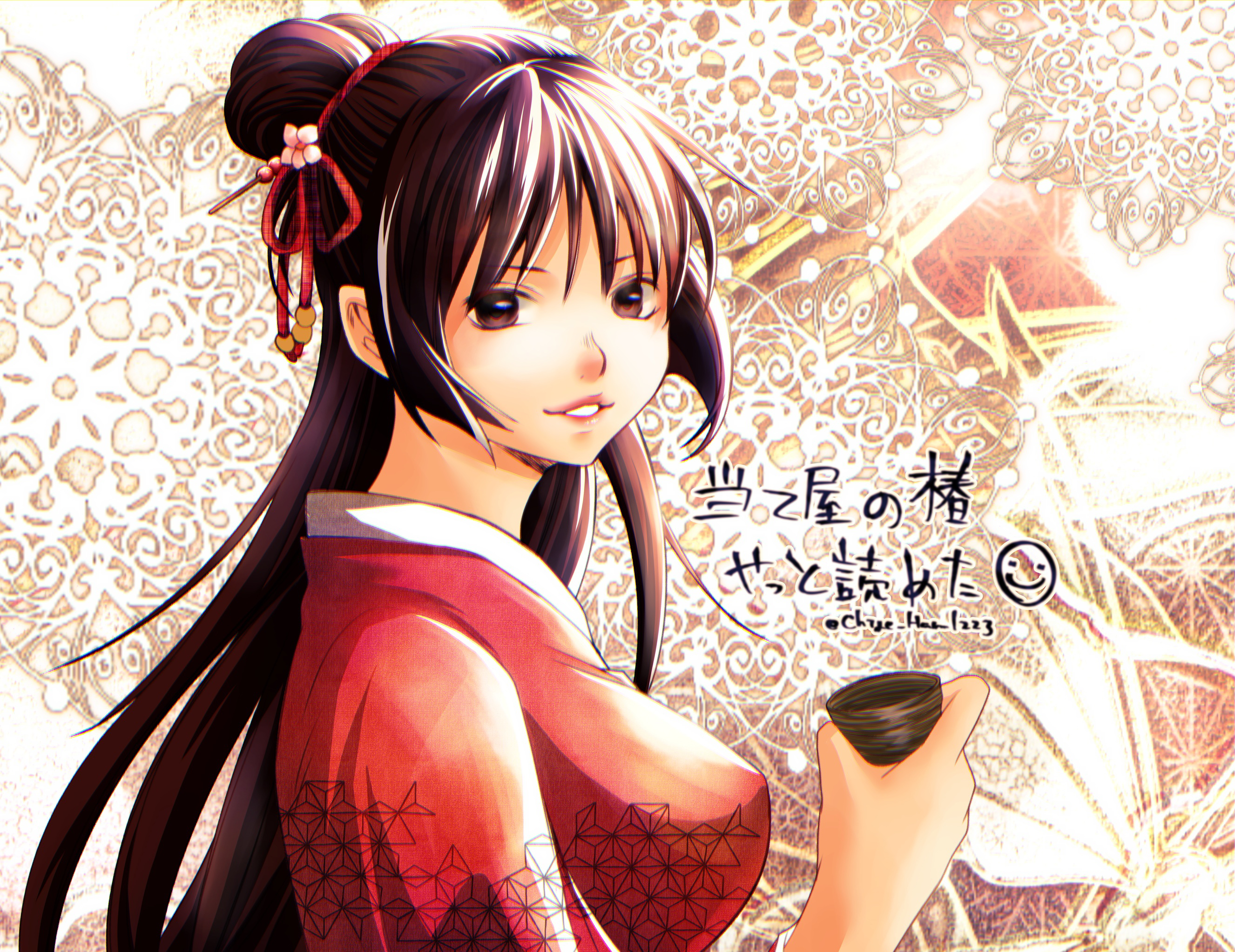 commentary request, highres, translation request, 1girl, ateya no tsubaki, black eyes, black hair, breasts, cup, flower, hair flower, hair ornament, hair ribbon, harusame-chige, holding, holding cup, japanese clothes, kimono, looking at viewer, pink flower, ponytail, red kimono, red ribbon, ribbon, solo, tsubaki (ateya no tsubaki)