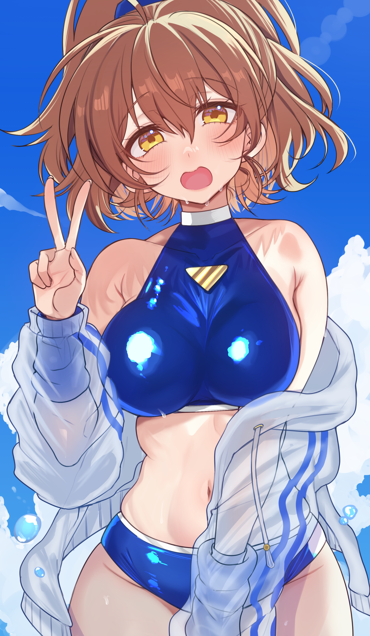 eta 24, arle nadja, madou monogatari, puyopuyo, commentary, commentary request, highres, 1girl, armband, bare shoulders, blue armband, blue scrunchie, breasts, brown eyes, brown hair, medium breasts, navel, open mouth, ponytail, scrunchie, see-through clothes, solo, sports bikini, sweater, swimsuit, swimsuit under clothes, v, white sweater
