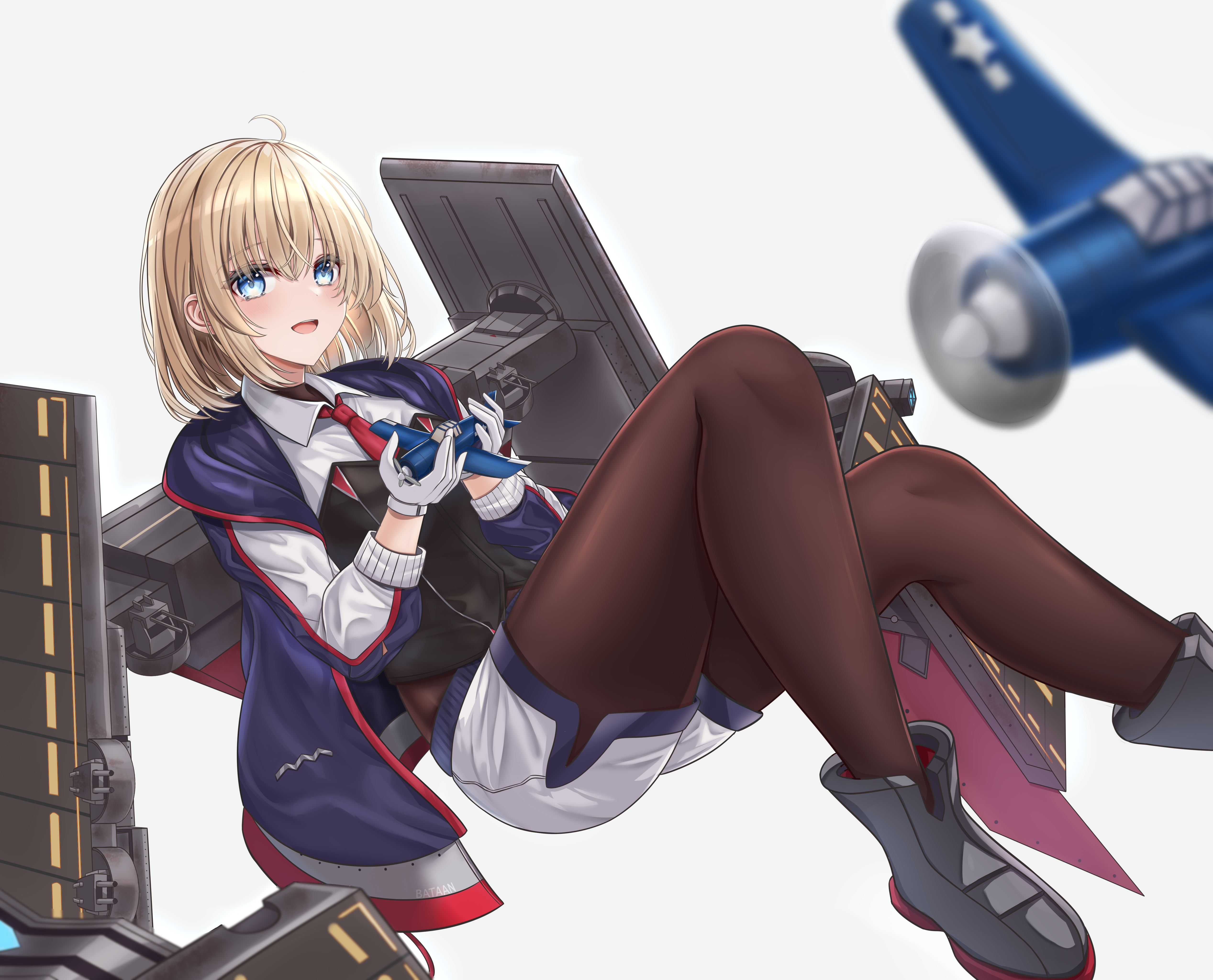 ke-zu, bataan (azur lane), f6f hellcat, azur lane, absurdres, commentary request, commission, highres, pixiv commission, revision, 1girl, ahoge, aircraft, airplane, anti-aircraft, anti-aircraft gun, blonde hair, blue eyes, bodysuit, bomber, boots, breasts, brown bodysuit, brown pantyhose, corset, dive bomber, flight deck, gloves, holding, jacket, long sleeves, looking at viewer, machinery, medium breasts, military vehicle, necktie, open clothes, open jacket, open mouth, pantyhose, propeller fighter, red necktie, rigging, roundel, shirt, short hair, short shorts, shorts, simple background, smile, solo, tearing up, white background, white gloves, white shirt, white shorts, wing collar