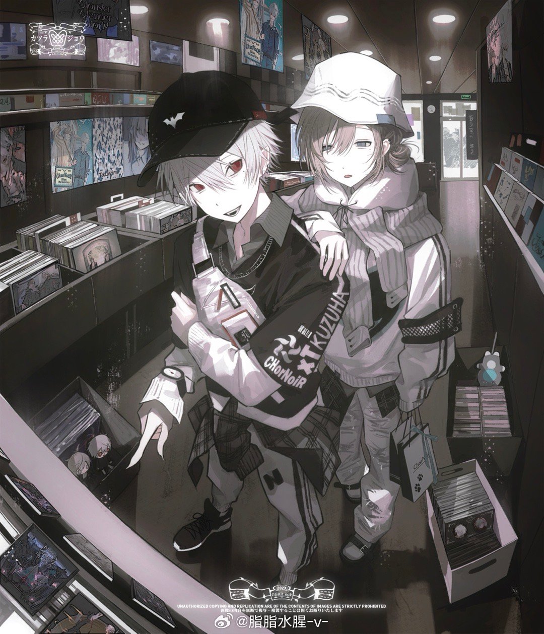 guigui rongrong, kanae (nijisanji), kuzuha (nijisanji), nijisanji, commentary, highres, symbol-only commentary, 2boys, :d, armband, bag, baseball cap, black armband, black hat, black shirt, black shoes, blue eyes, box, brown hair, bucket hat, cd case, ceiling light, character doll, clothes around waist, clothes on shoulders, collared shirt, doll, ear piercing, fangs, fanny pack, fisheye, grey pants, grey shirt, hair between eyes, hair bun, half-closed eye, hand on another's shoulder, hat, holding, holding bag, indoors, jacket, layered sleeves, long hair, long sleeves, looking at another, male focus, mole, mole under eye, multiple boys, muted color, neck pillow, open mouth, pants, parted lips, paw print, piercing, plaid clothes, pointing, pointy ears, poster (object), print shirt, red eyes, shelf, shirt, shirt under shirt, shoes, shop, shopping bag, short over long sleeves, short sleeves, sideways glance, single hair bun, sleepy, smile, sneakers, untucked shirt, virtual youtuber, watch, watermark, weibo watermark, white hat, white jacket, white pants, white shoes, wristwatch