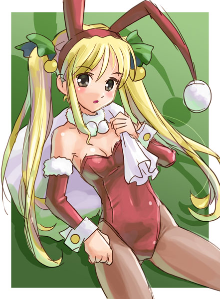 katahira masashi, original, 1girl, animal ears, blonde hair, blush, christmas, cowboy shot, detached sleeves, fake animal ears, female focus, long hair, outside border, pantyhose, playboy bunny, rabbit ears, solo, twintails