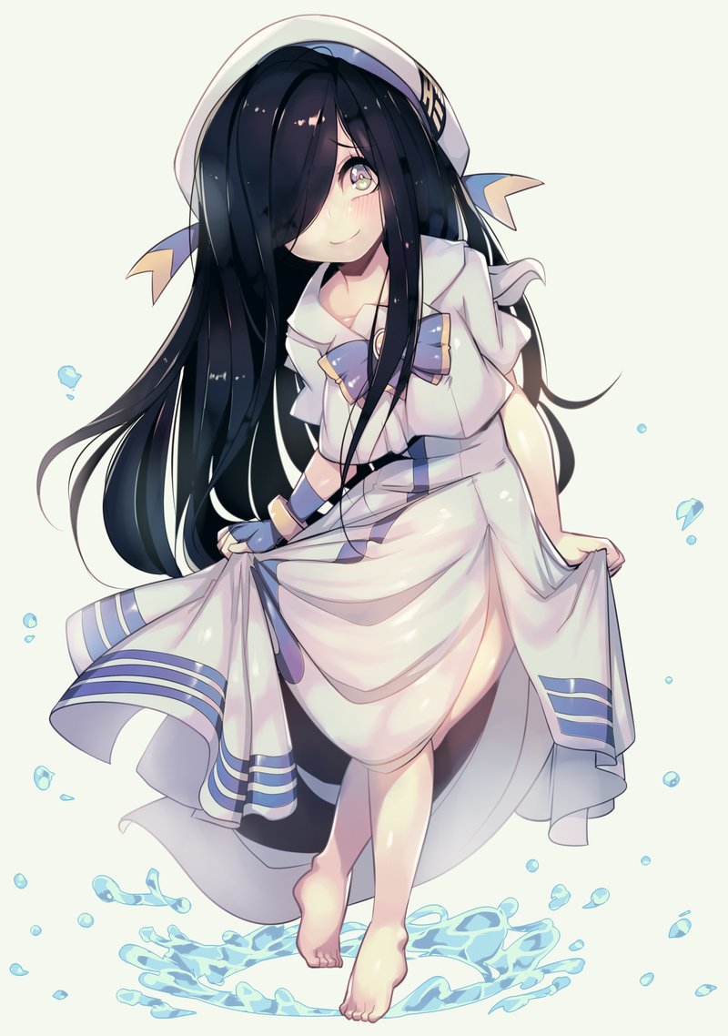 parororo, aria wintermint, aria (manga), the crawling city, commentary, english commentary, 1girl, aria company uniform, barefoot, black hair, blue bow, blue bowtie, bow, bowtie, closed mouth, dress, full body, green eyes, hair over one eye, hat, long hair, looking at viewer, name connection, simple background, skirt hold, smile, solo, white background, white dress, white hat