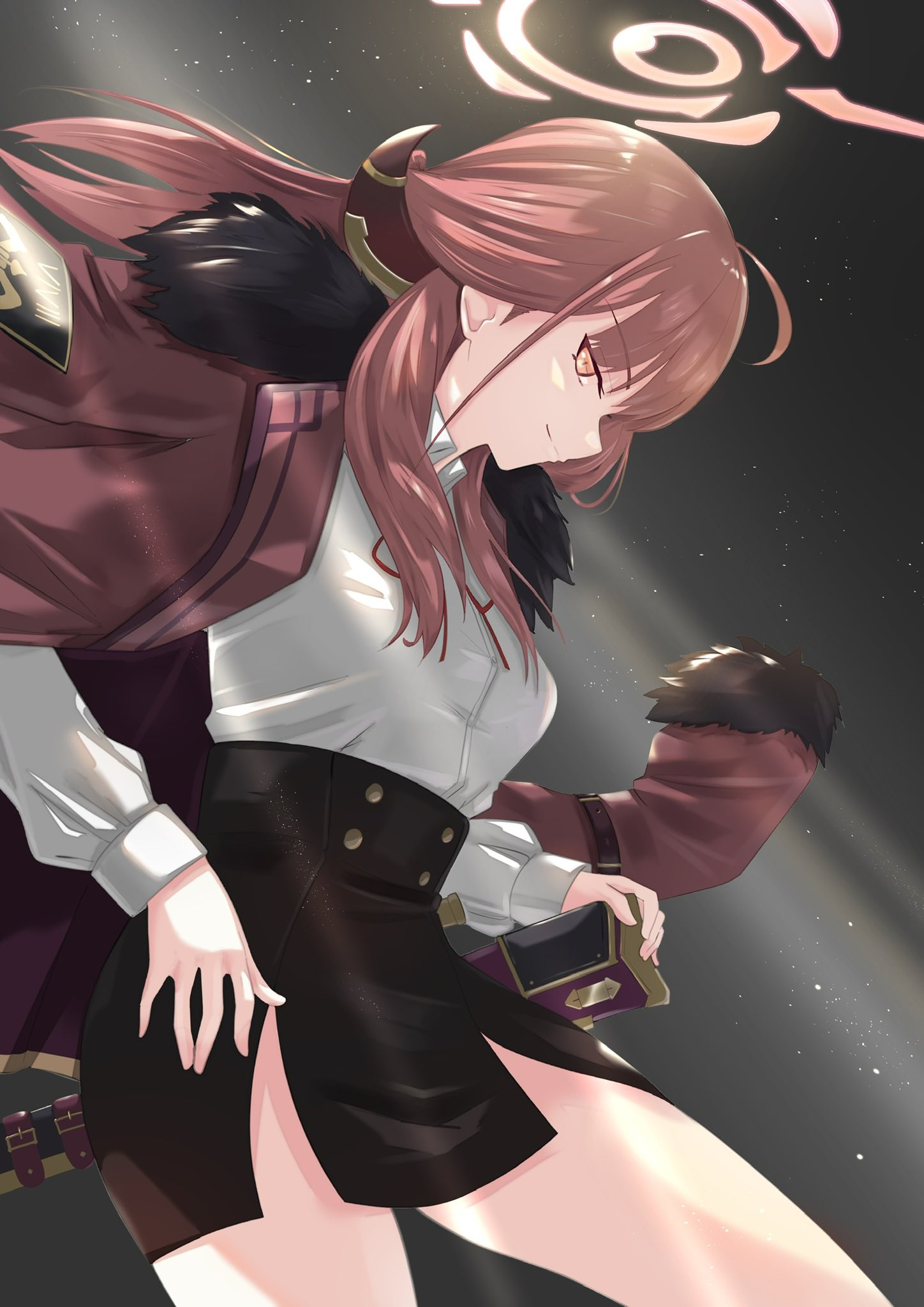 aru (blue archive), blue archive, highres, 1girl, black skirt, closed mouth, floating hair, from side, gun, hair between eyes, halo, horns, jacket, leaning forward, light rays, looking to the side, red hair, red jacket, rifle, shirt, sidelocks, skirt, weapon, white shirt, yellow eyes, yvrjcgmyev81