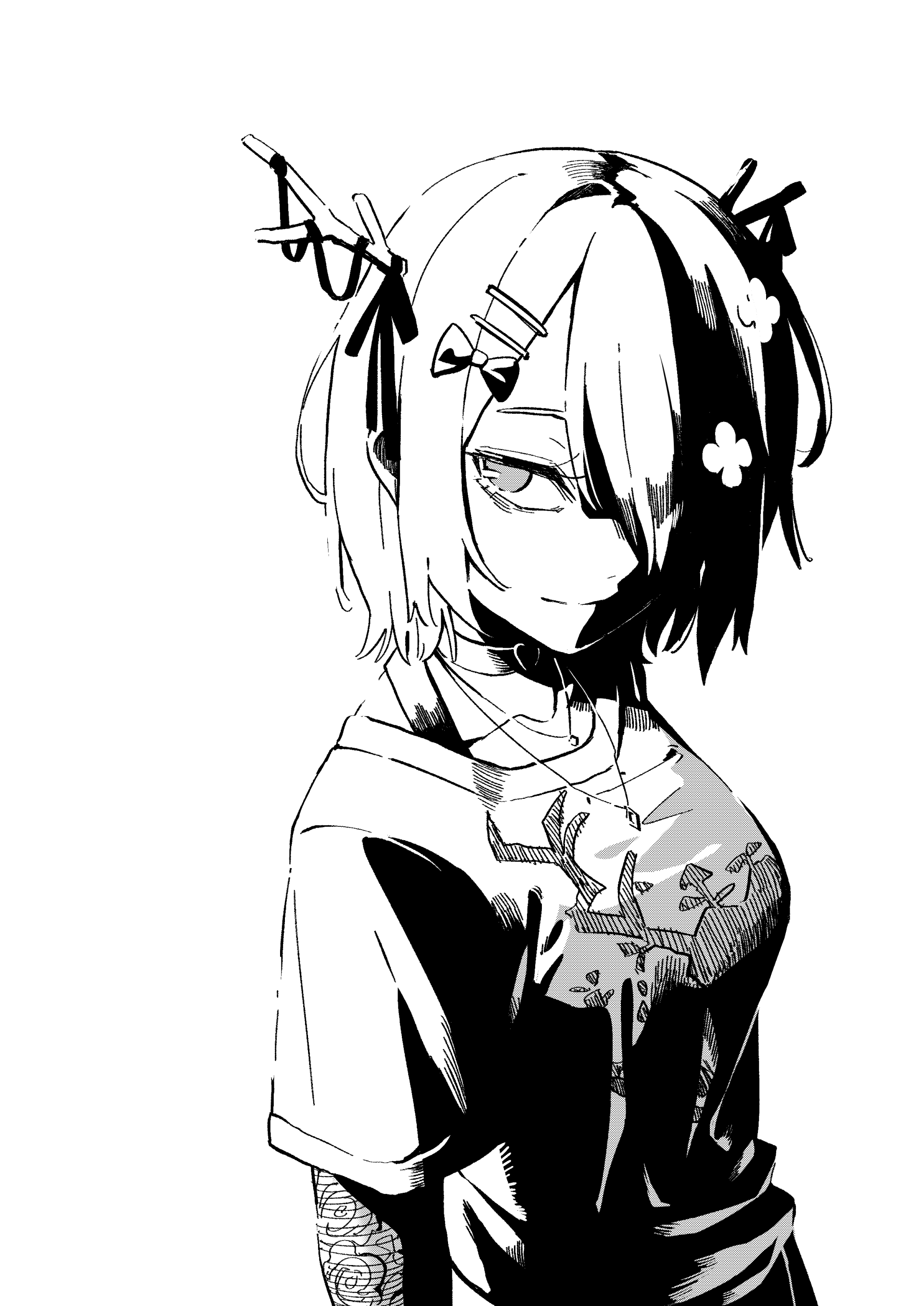mazumaro, ceres fauna, ceres fauna (goth), hololive, hololive english, absurdres, commentary, english commentary, highres, 1girl, antler ornament, antler ribbon, antlers, bow, breasts, choker, closed mouth, goth fashion, greyscale, hair bow, hair ornament, hair over one eye, hairclip, heart, heart o-ring, heart ring choker, horns, lace, lace sleeves, looking at viewer, medium breasts, mole, mole under eye, monochrome, o-ring, o-ring choker, official alternate costume, official alternate hairstyle, shirt, short hair, short sleeves, smile, solo, t-shirt, virtual youtuber